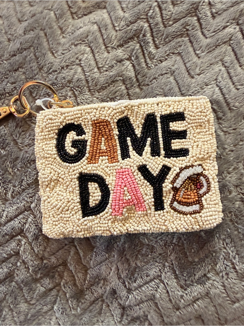 Beaded 'Game Day' Pouch Keychain - Cream